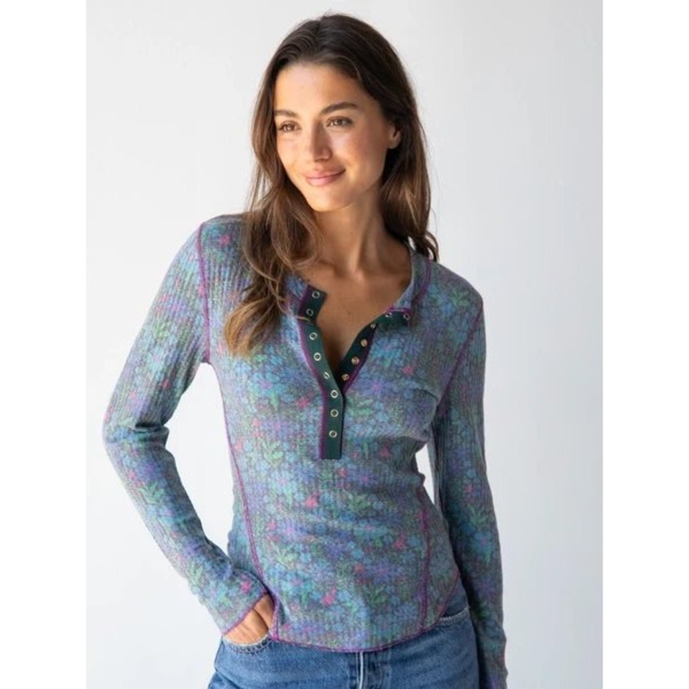 Natural Life Reagan Thermal Henley Top S Dark Blue Garden Floral Waffle Knit